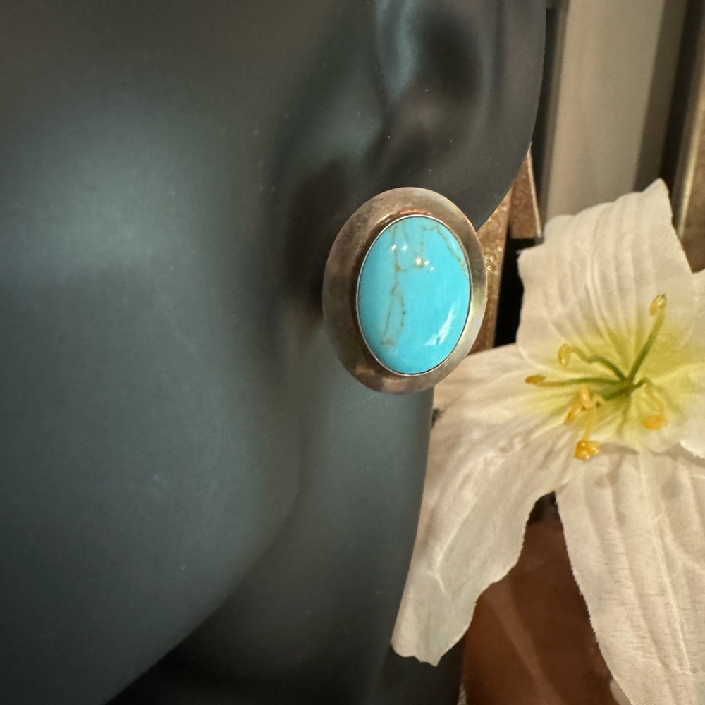 ❌SOLD❌ Vintage Handmade Large Turquoise Stud Earrings Solid 925 Sterling Silver - Picture 9 of 15